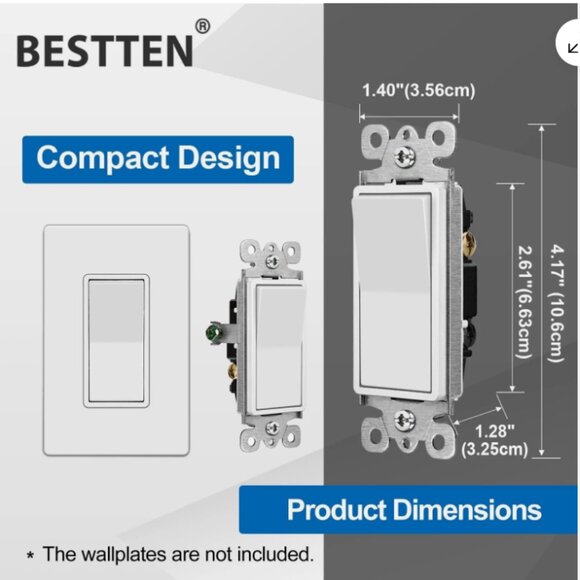 Bestten 10 Pack 3-Way Rocker Light Switch Model USP-LS03N White 15A 120/277V - Picture 7 of 9
